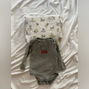 Winnie the Pooh onesie and baby blanket / swaddle blanket!